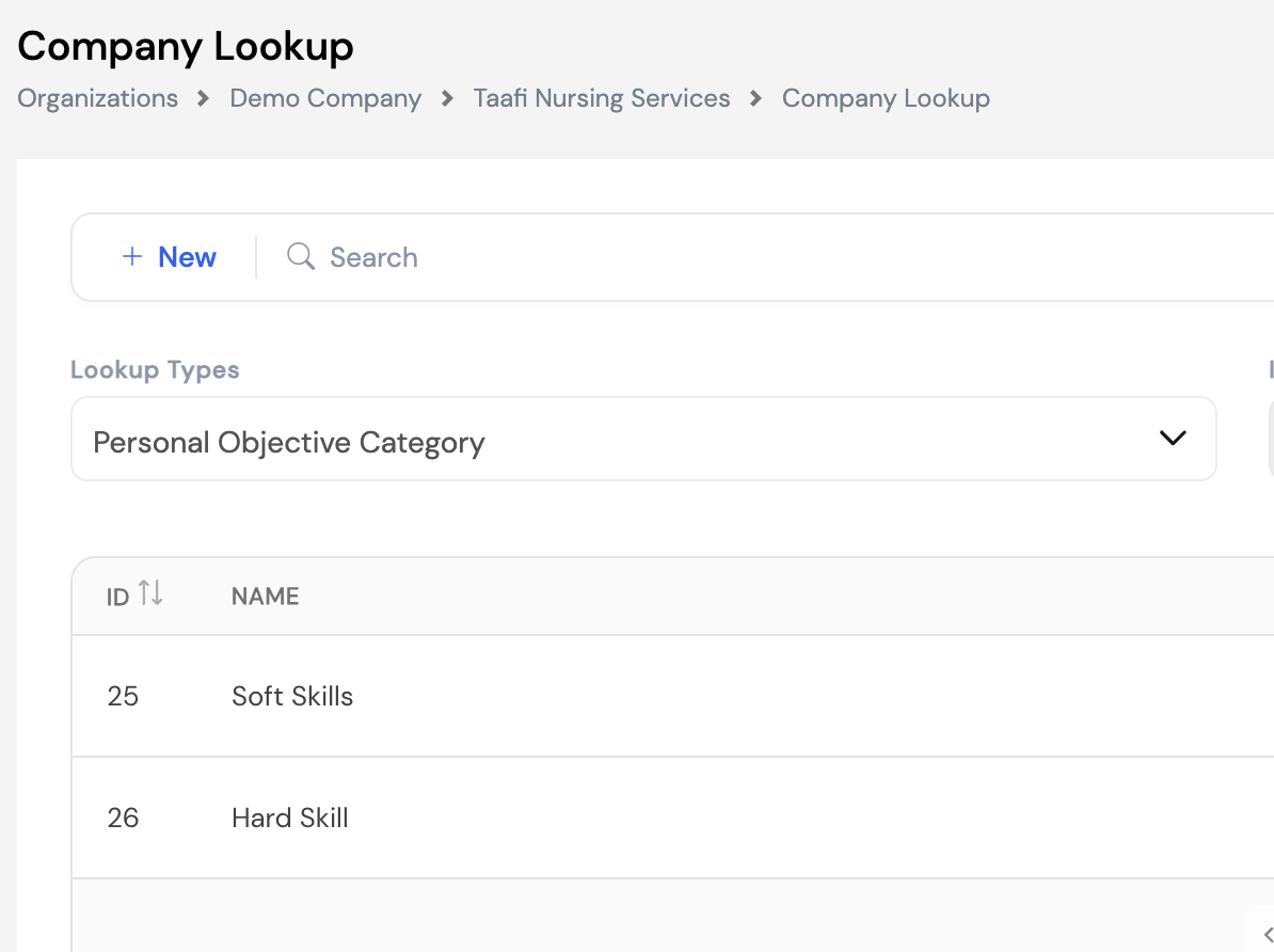 Company Lookup showing Personal Objective Category type with Soft Skills and Hard Skill entries