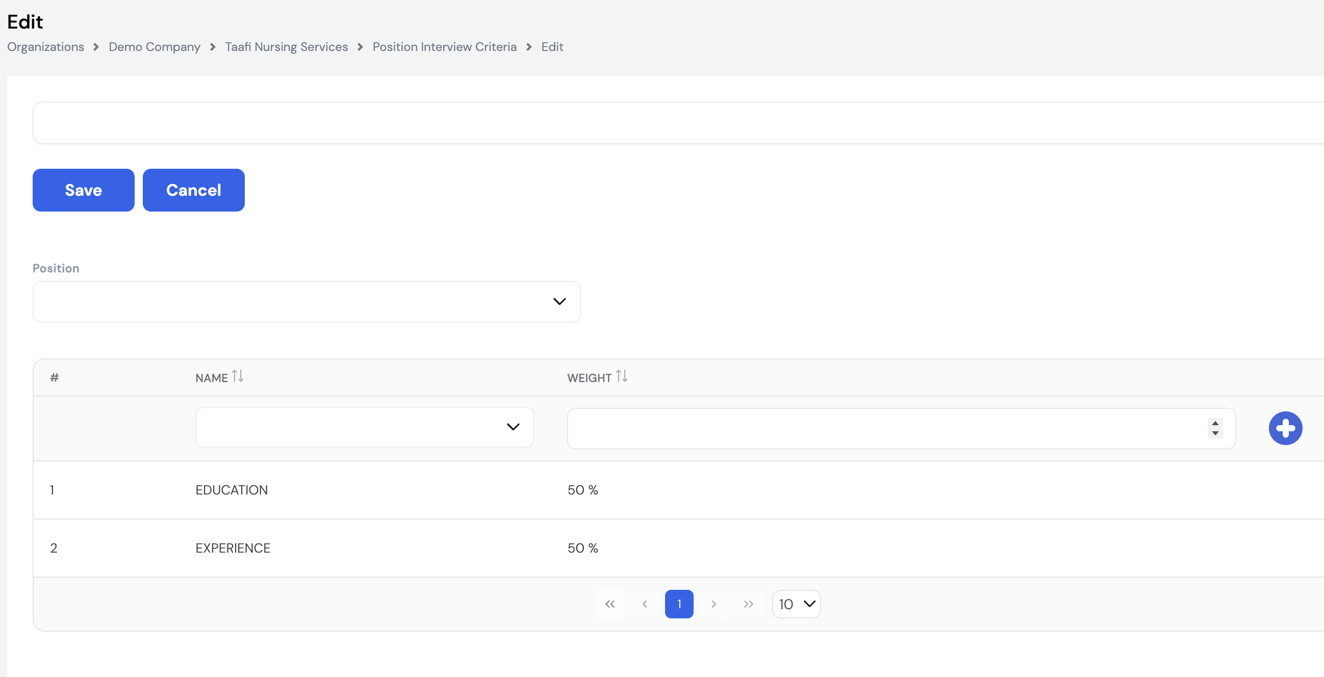 Position Interview Criteria edit form showing Position dropdown and criteria grid with Education 50% and Experience 50%