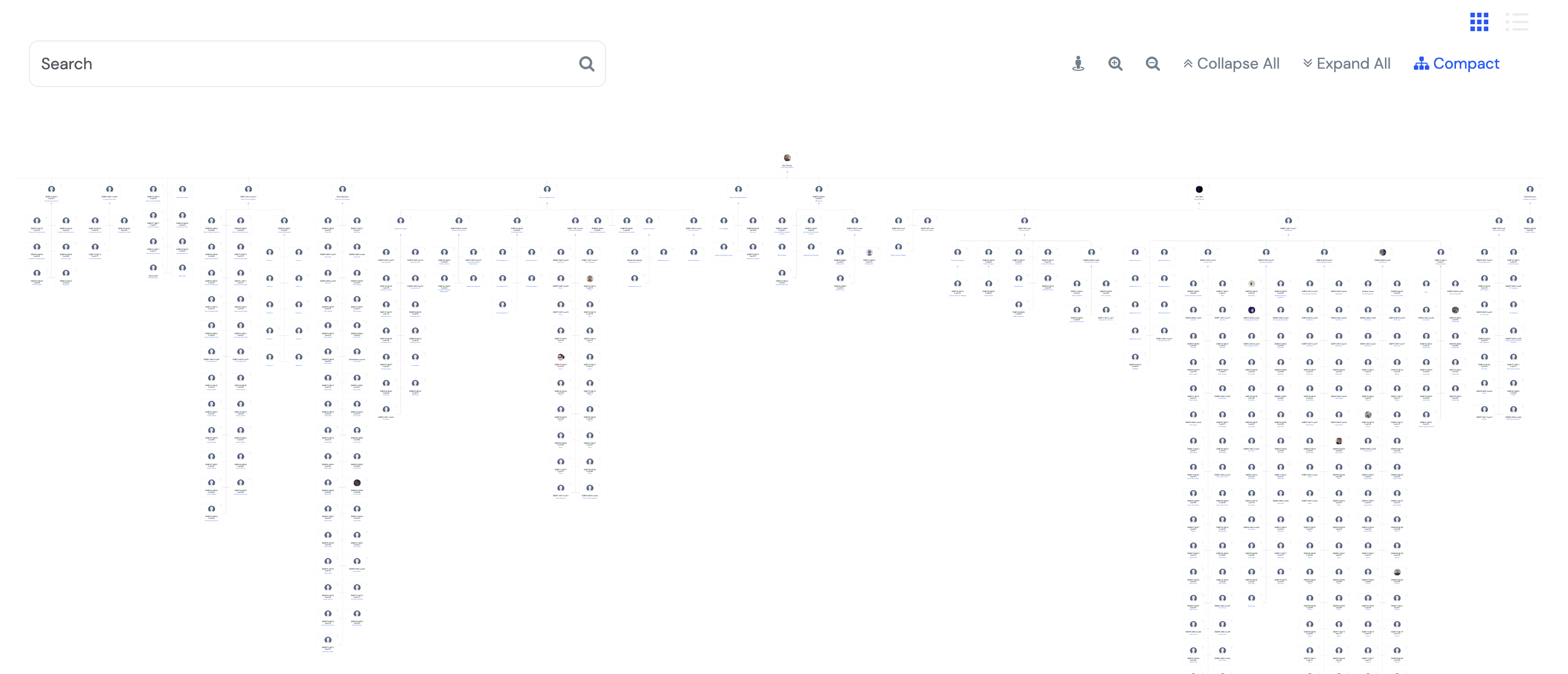 Positions in compact org chart view showing the full hierarchy of positions across multiple departments