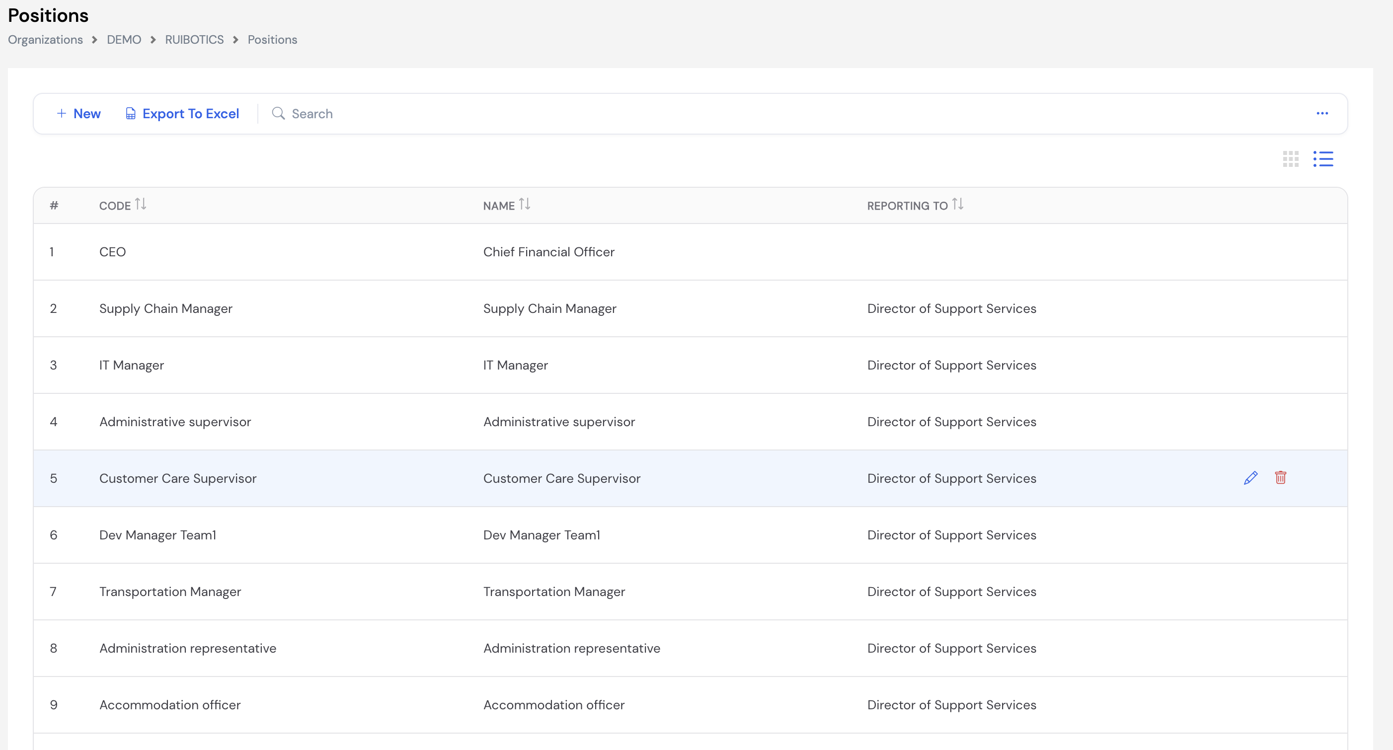 Positions list showing CEO - Chief Financial Officer, Supply Chain Manager, IT Manager, Administrative Supervisor, Customer Care Supervisor, Dev Manager Team1, Transportation Manager, Administration Representative and Accommodation Officer with Code, Name and Reporting To columns