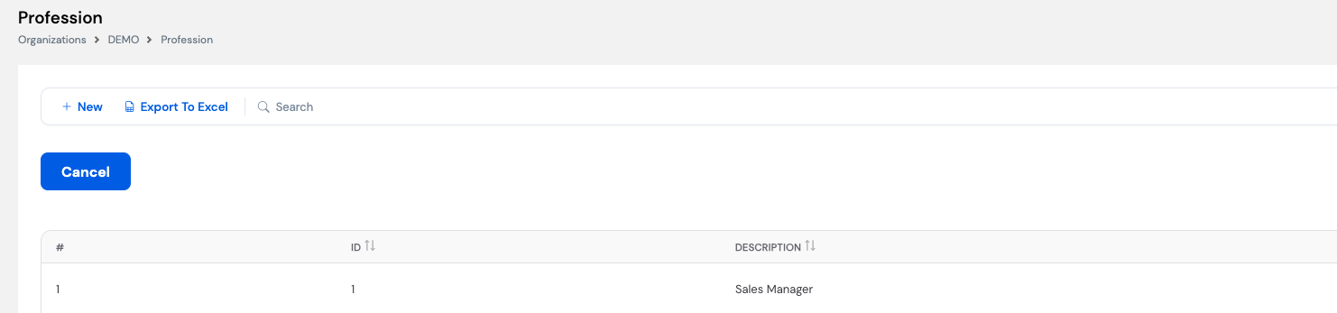 Profession list showing one entry: Sales Manager, with ID, Description columns and Export to Excel option
