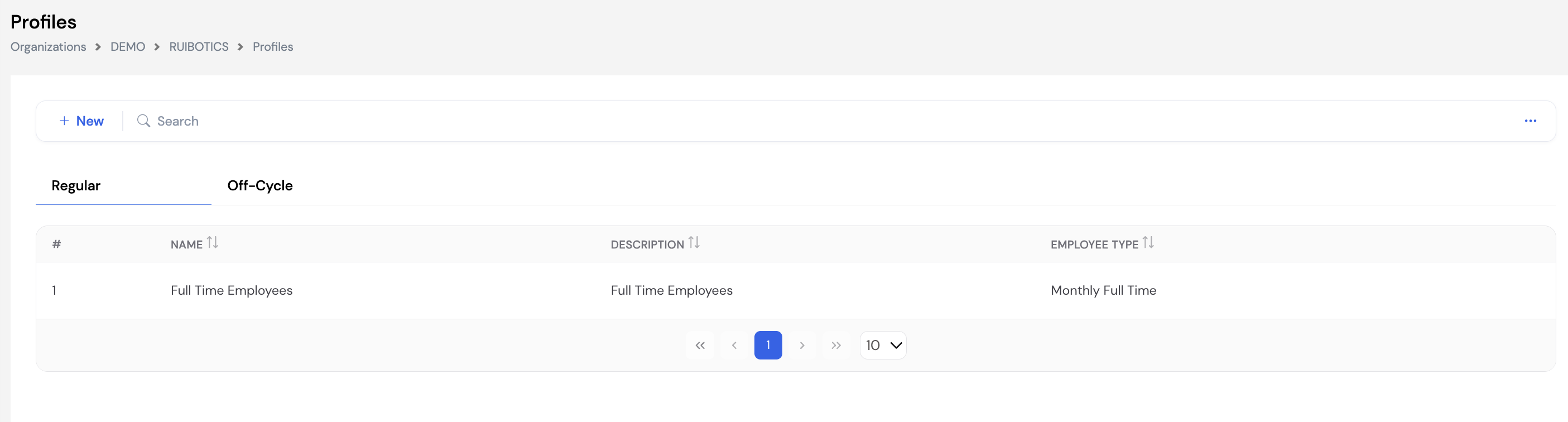 Profiles list with Regular and Off-Cycle tabs. Regular tab shows Full Time Employees profile for Monthly Full Time employee type.