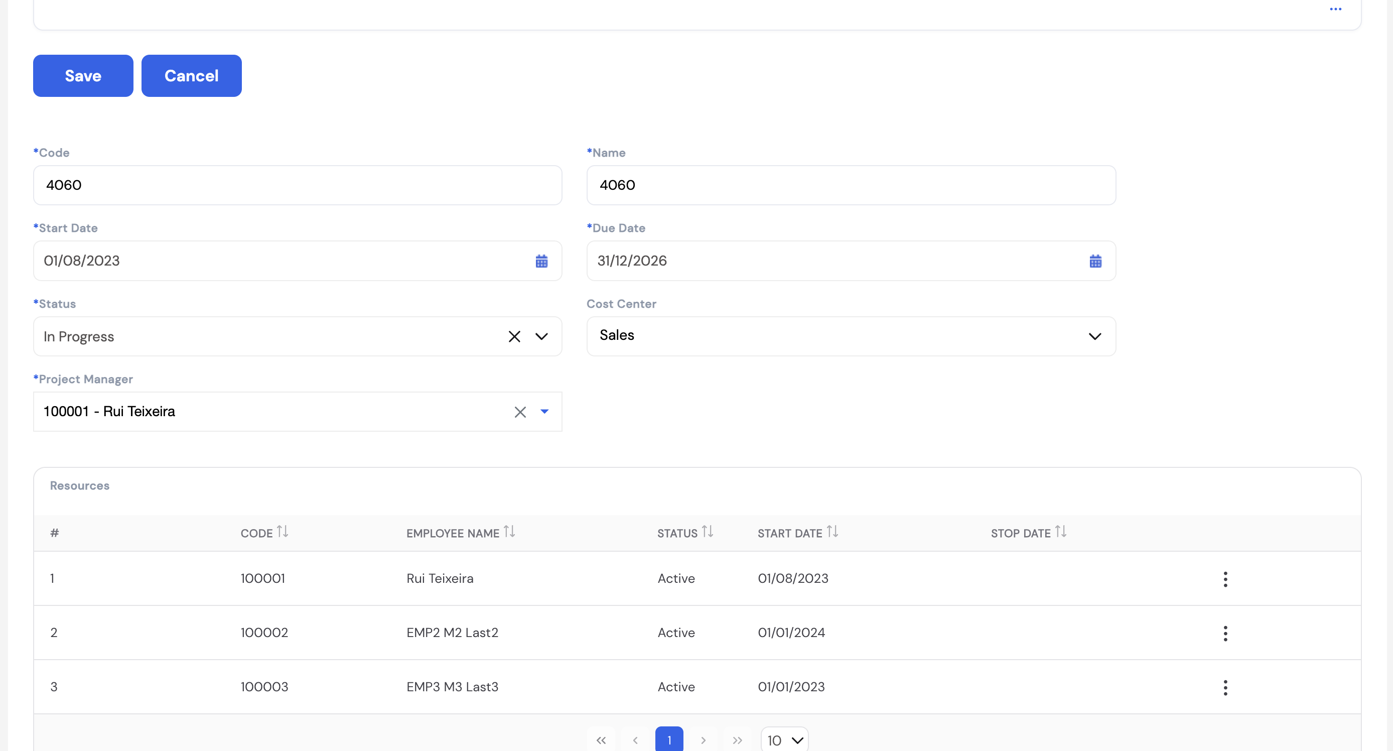 Project edit form showing Code (4060), Name (4060), Start Date, Due Date, Status (In Progress), Cost Center (Sales), Project Manager (Rui Teixeira) and a Resources grid with three employees: Rui Teixeira, EMP2 M2 Last2, EMP3 M3 Last3 all Active