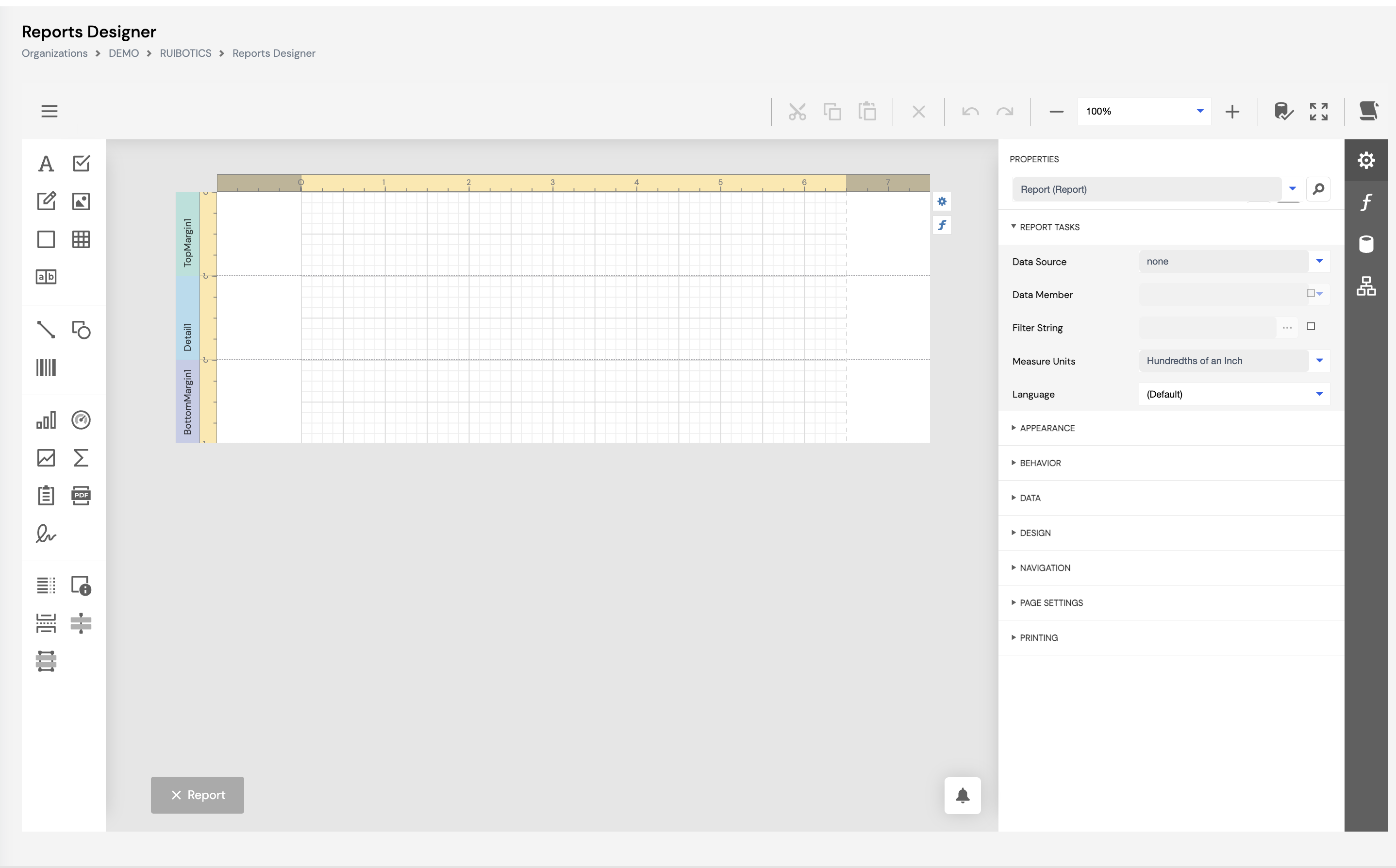 Reports Designer interface showing a design canvas with TopMargin, Detail and BottomMargin bands, a left-side component toolbox with text, image, table, barcode, chart, shape and other components, a top toolbar with cut/copy/paste/undo/redo/zoom controls, and a right-side Properties panel showing Report Tasks with Data Source, Data Member, Filter String, Measure Units and Language settings