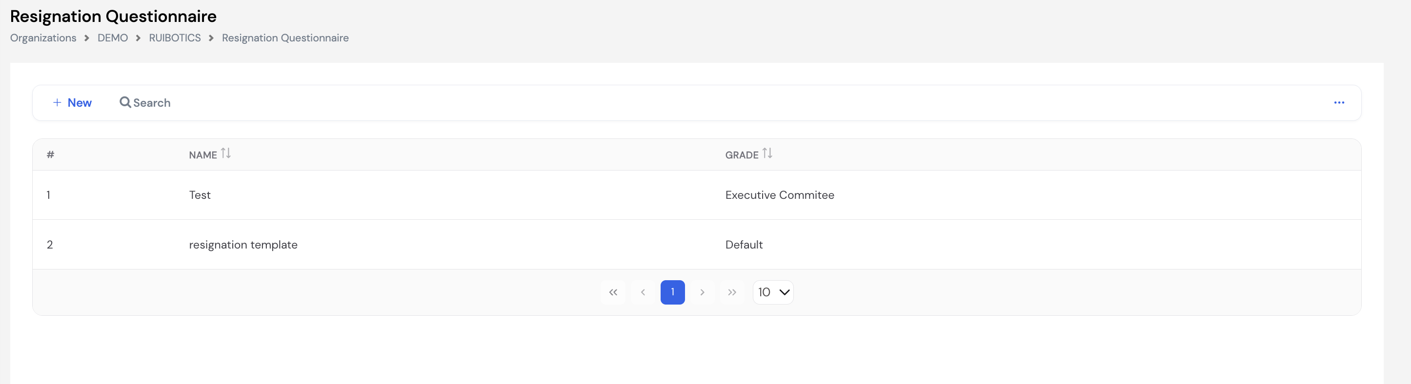 Resignation Questionnaire list showing two templates: Test (Executive Committee grade) and resignation template (Default grade) with Name and Grade columns