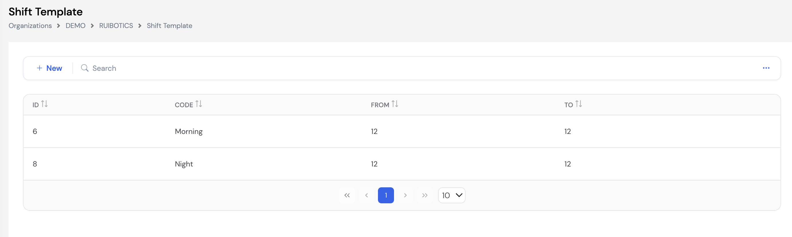 Shift Template list showing two shifts: Morning (From 12, To 12) and Night (From 12, To 12)