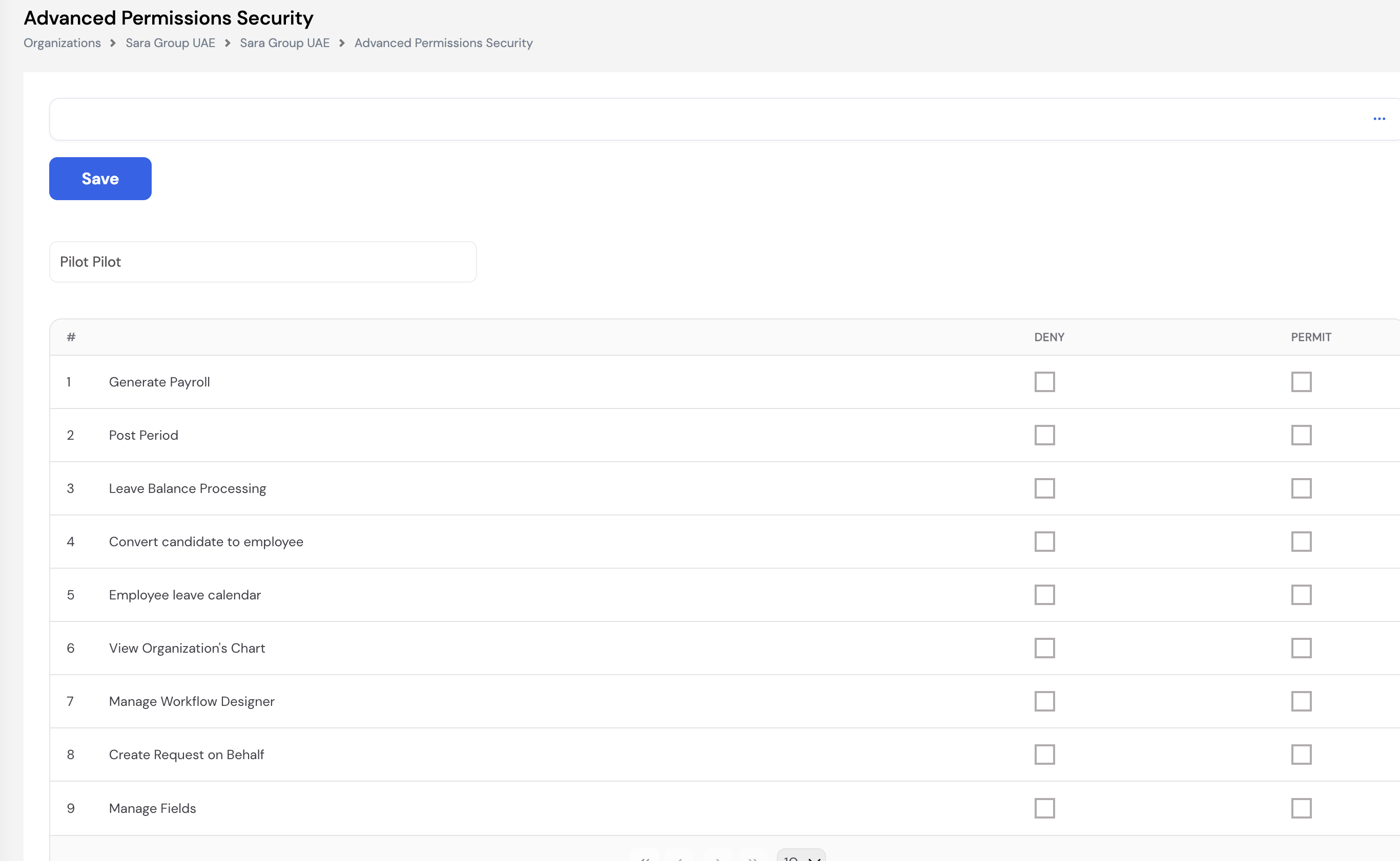 Advanced Permissions Security screen