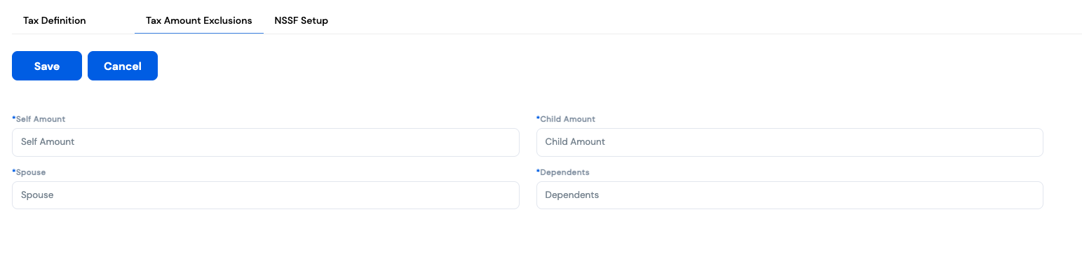 Tax Amount Exclusions tab showing four fields: Self Amount, Child Amount, Spouse and Dependents