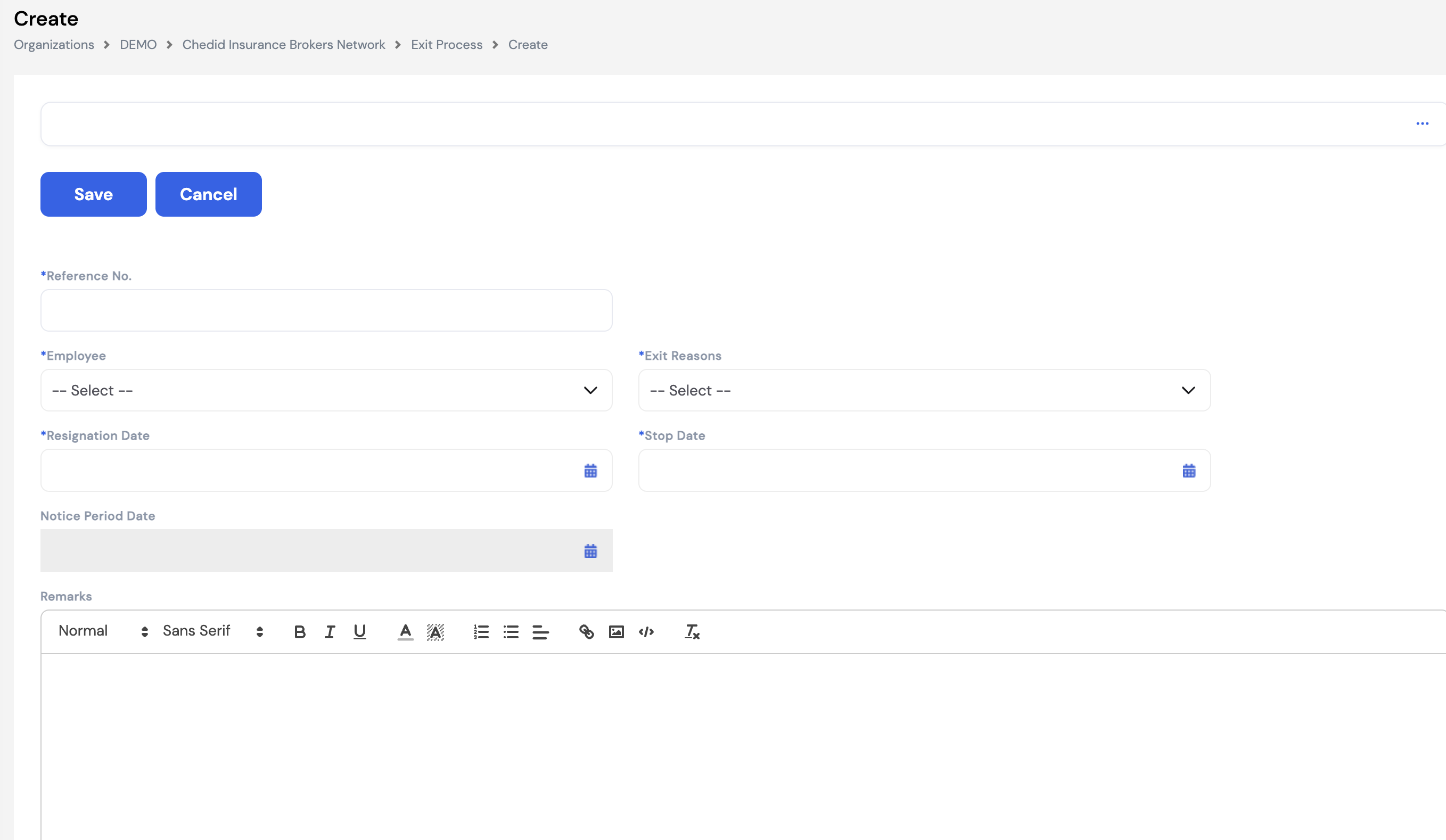 Exit Process create form showing Reference No, Employee, Exit Reasons, Resignation Date, Stop Date, Notice Period Date (auto-calculated) and Remarks fields