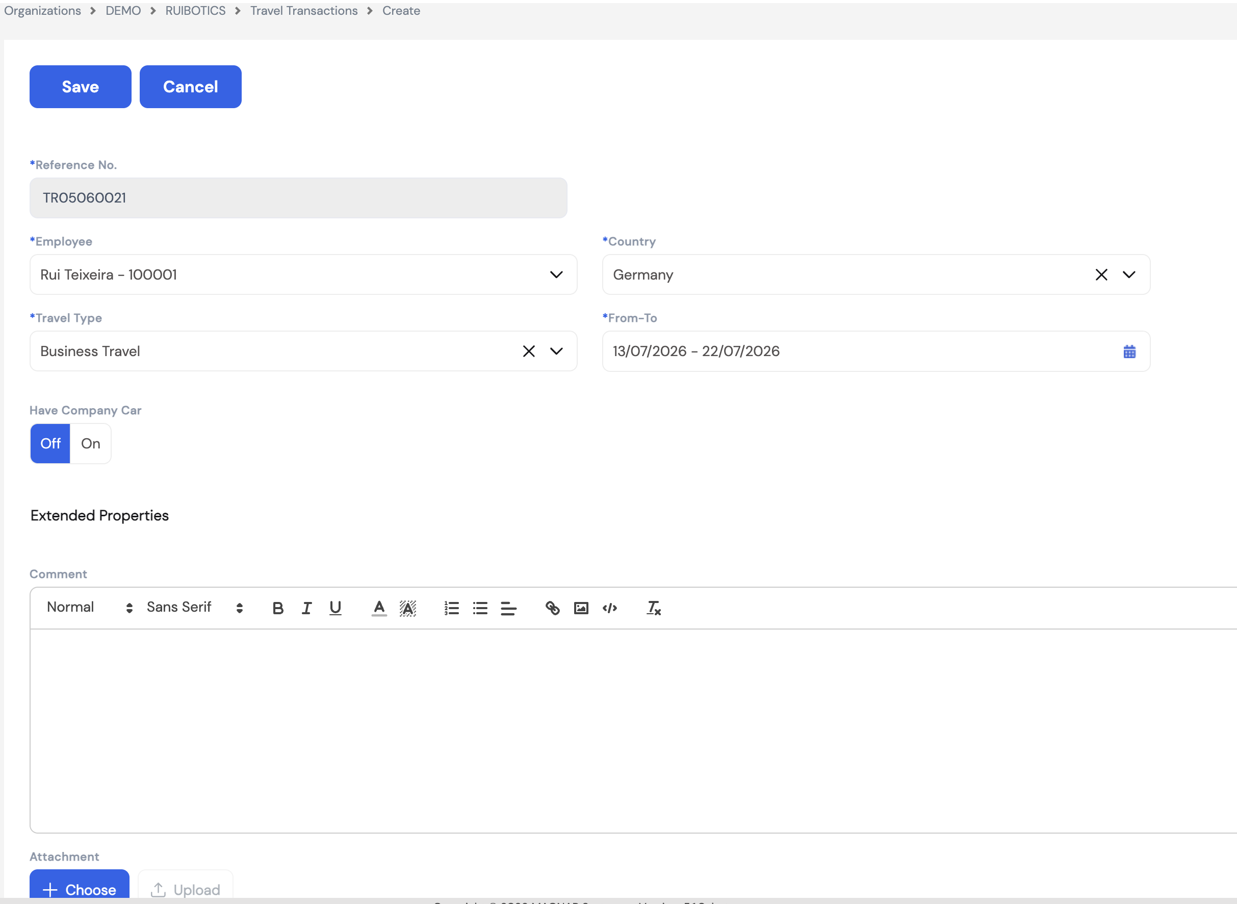 Create Travel Transaction form showing Reference No, Employee, Country, Travel Type, From-To date range, Have Company Car toggle, Extended Properties with Comment and Attachment fields