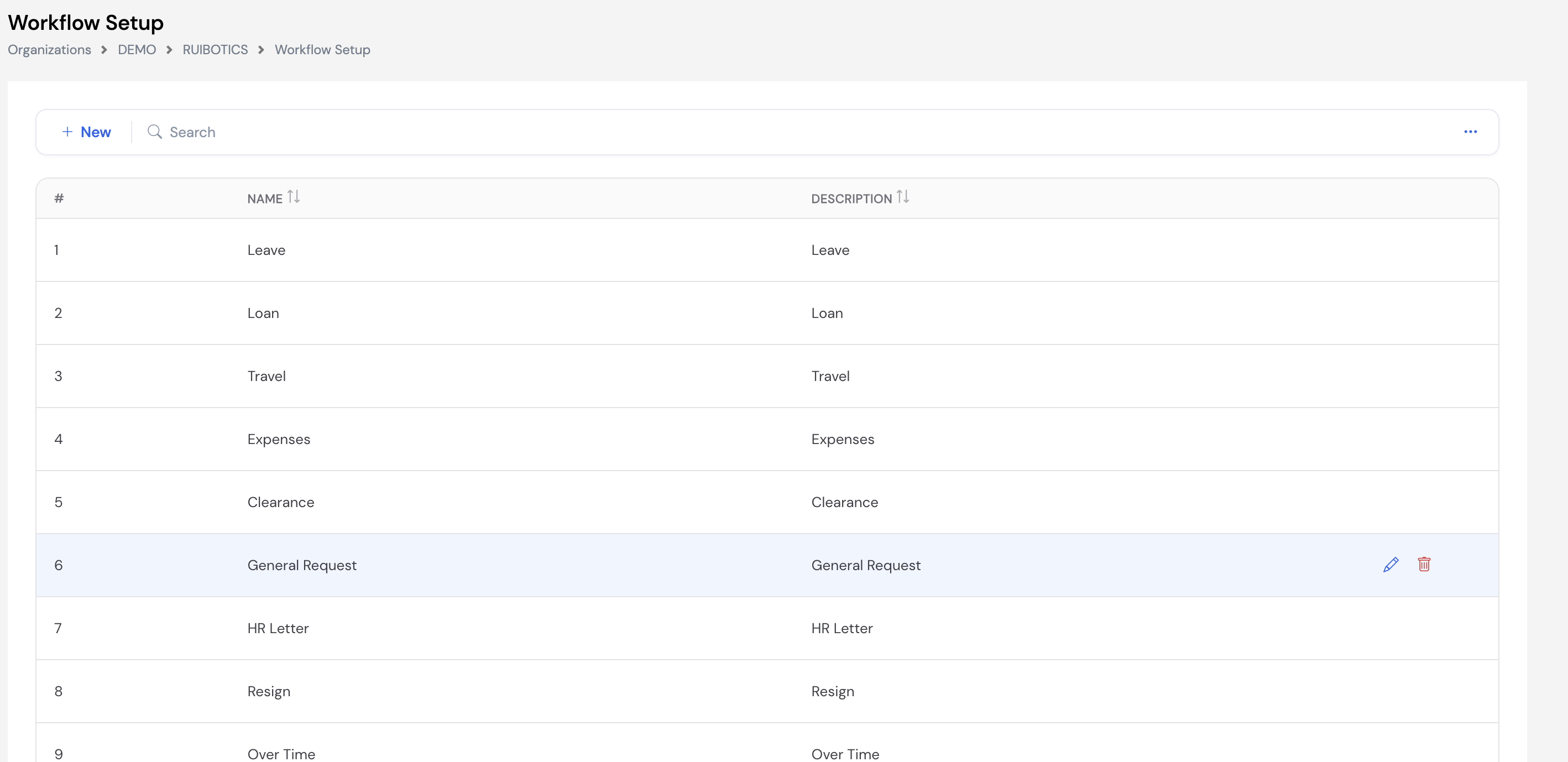 Workflow Setup list showing multiple workflows including Sick Leave Approval (Leave Request type) and others