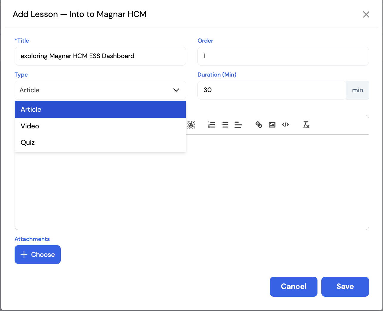 Add Lesson dialog showing Title, Order, Type (Article/Video/Quiz), Duration, and Content fields