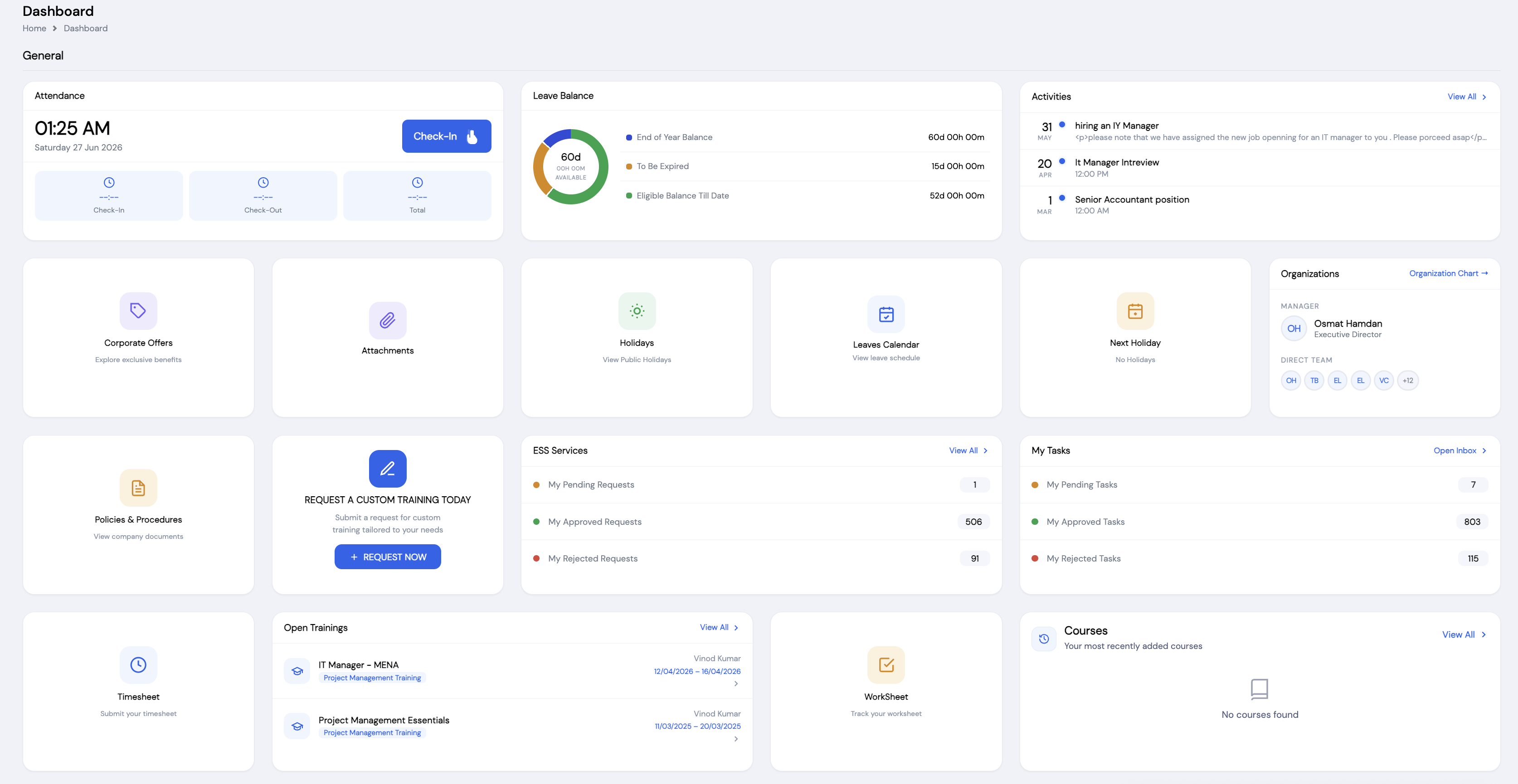 Magnar ESS Dashboard showing Attendance, Leave Balance, Activities, ESS Services, My Tasks, and other widgets