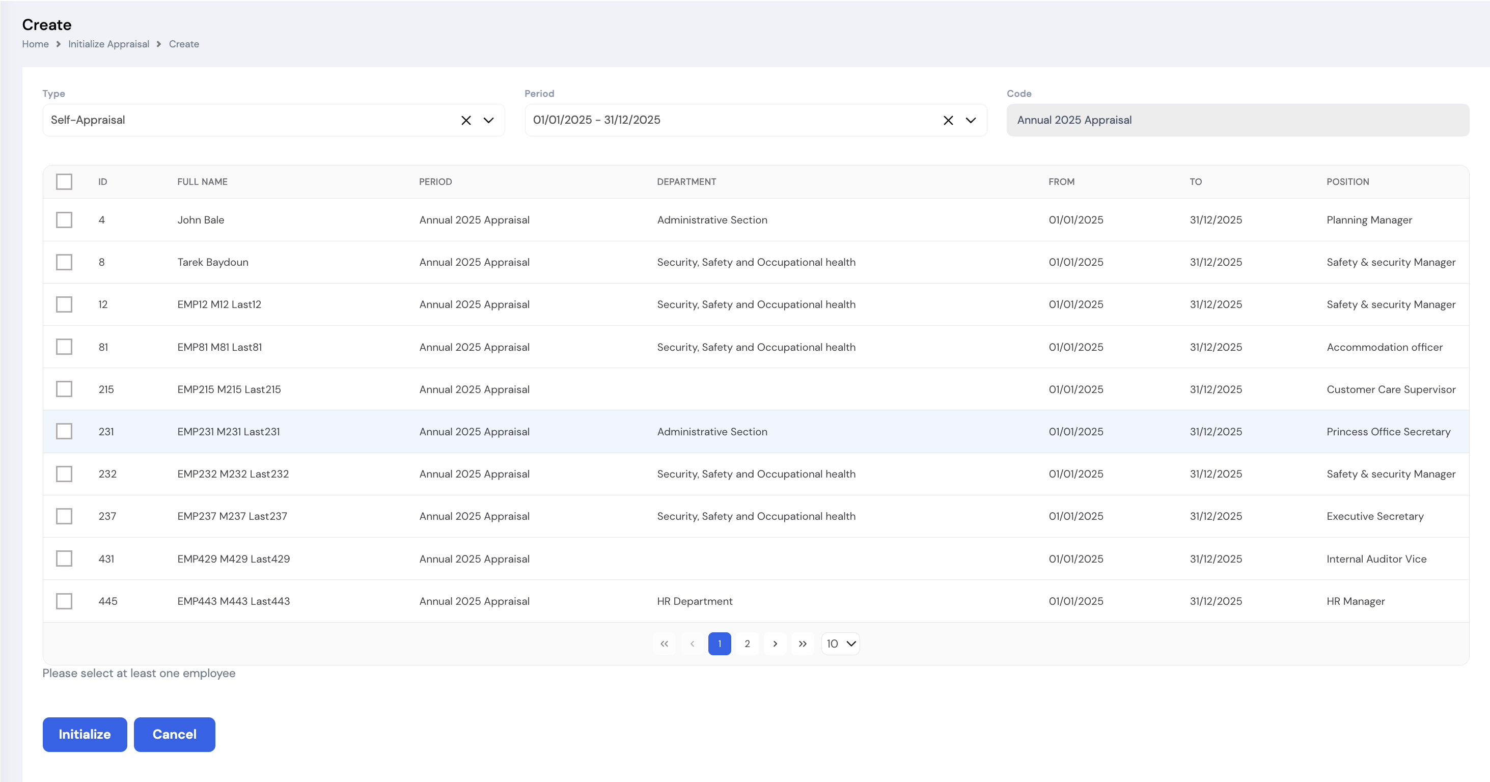 Initialize Appraisal Create screen showing Type, Period, and Code filters with a list of employees including their ID, Full Name, Period, Department, From, To, and Position columns
