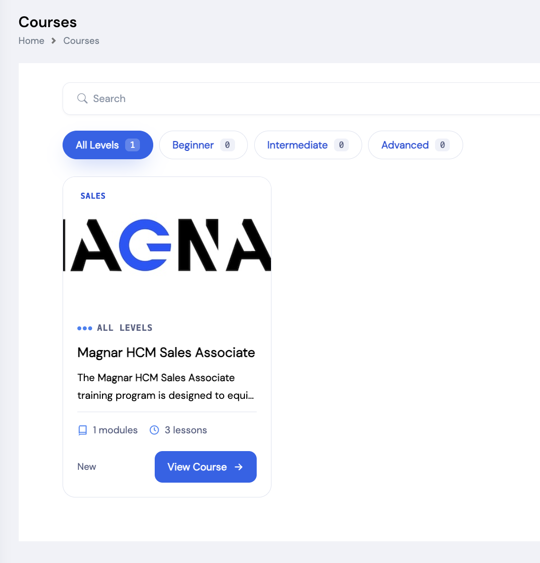 Manage Courses list showing one course — Magnar HCM Sales Associate — in Draft status with Beginner level and Sales category