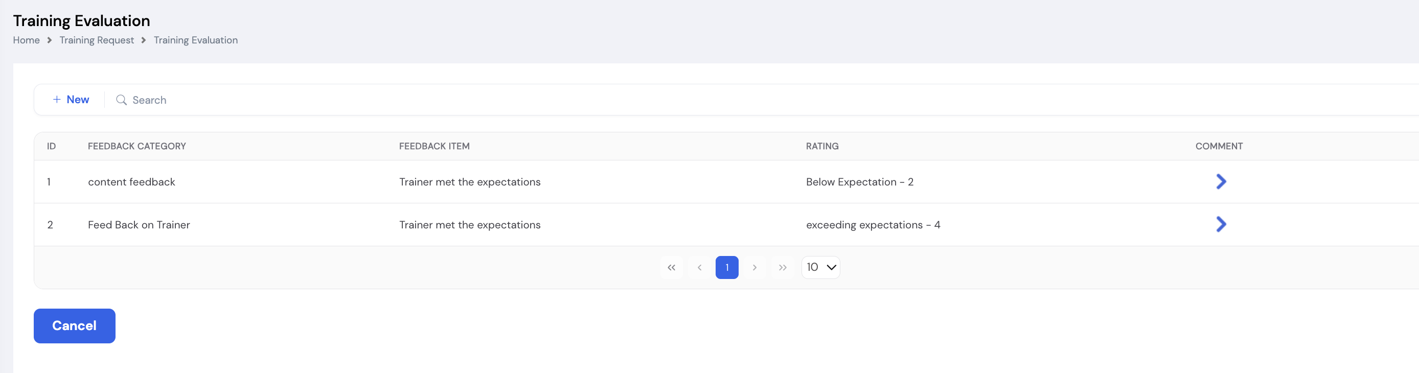 Training Evaluation screen showing Feedback Category, Feedback Item, Rating, and Comment columns with two evaluation entries