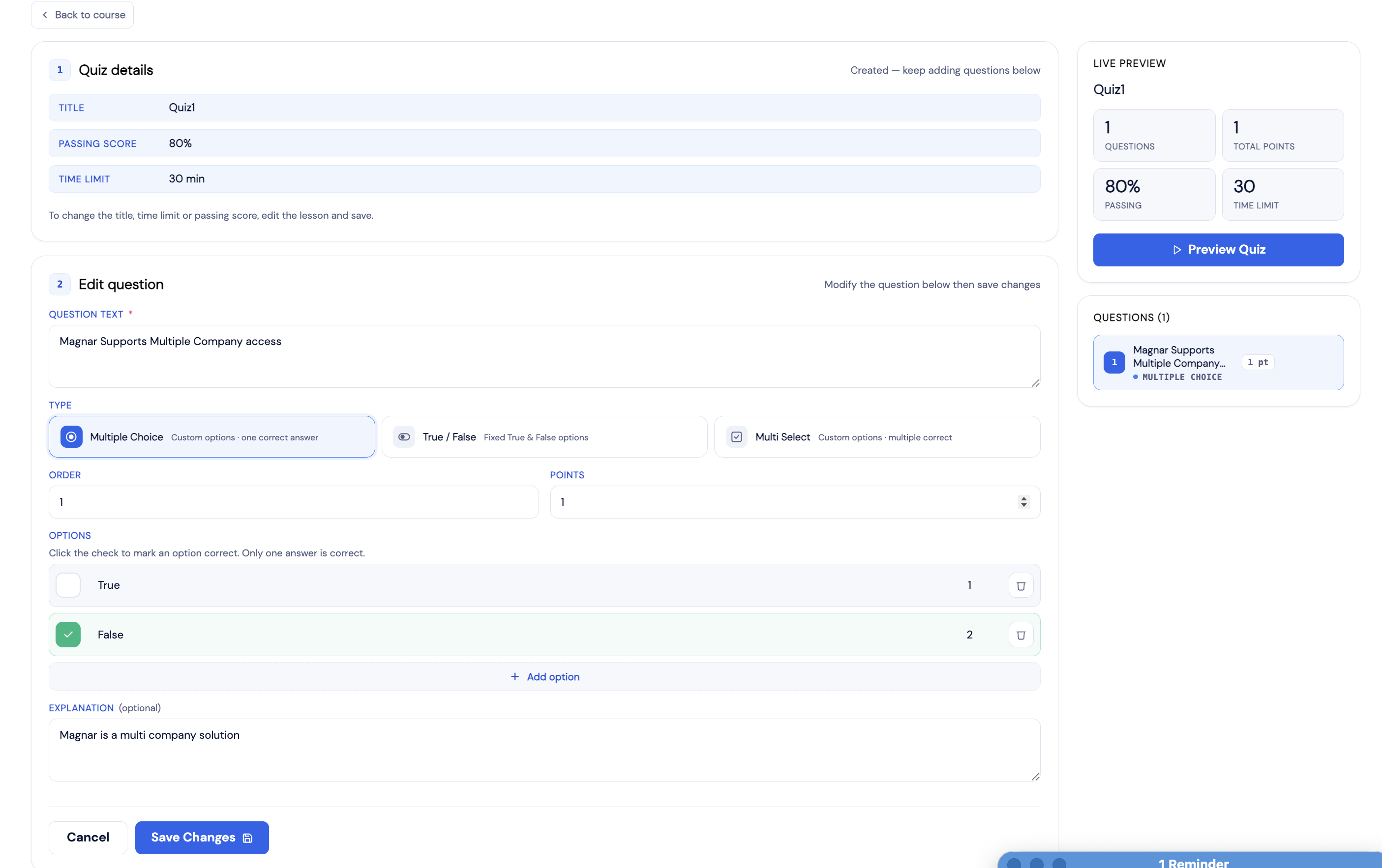 Edit question screen showing question text, type selector, options (True/False with False marked correct), and explanation field