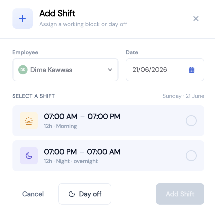 Add Shift dialog showing Employee and Date fields with two shift options: Morning 07:00 AM to 07:00 PM and Night 07:00 PM to 07:00 AM, plus Cancel, Day off, and Add Shift buttons