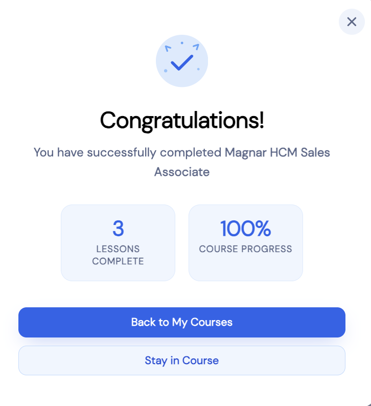 Congratulations screen showing You have successfully completed Magnar HCM Sales Associate with 3 Lessons Complete and 100% Course Progress