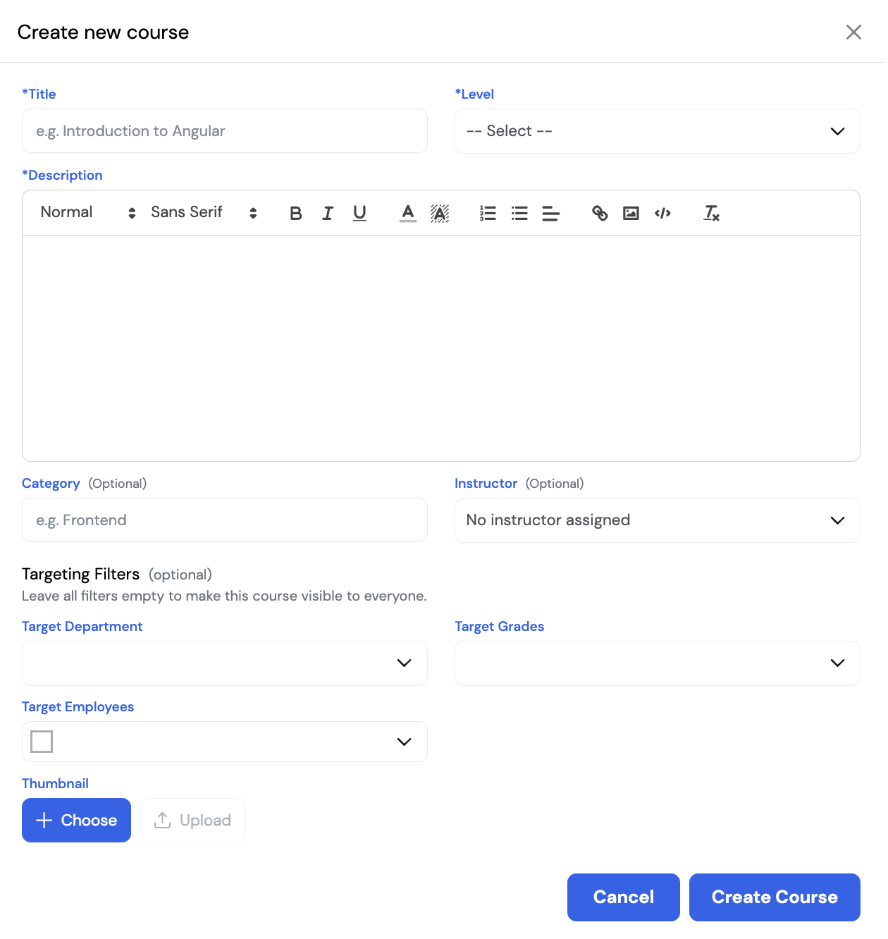 Create new course dialog showing Title, Level, Description, Category, Instructor, Targeting Filters (Department, Grades, Employees), and Thumbnail fields