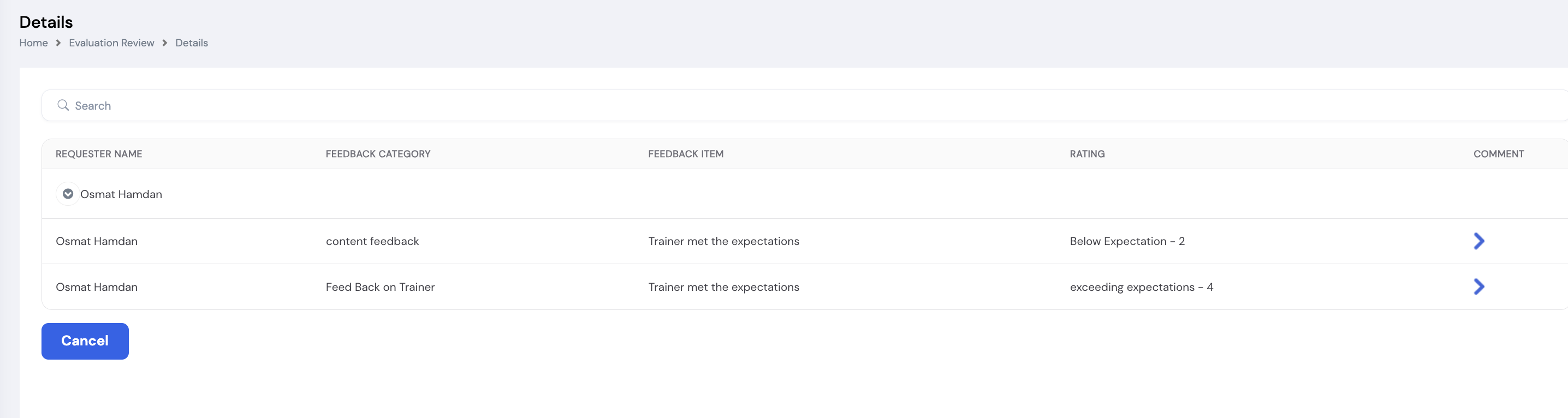 Evaluation Review Details screen showing Requester Name, Feedback Category, Feedback Item, Rating, and Comment columns with entries from Osmat Hamdan
