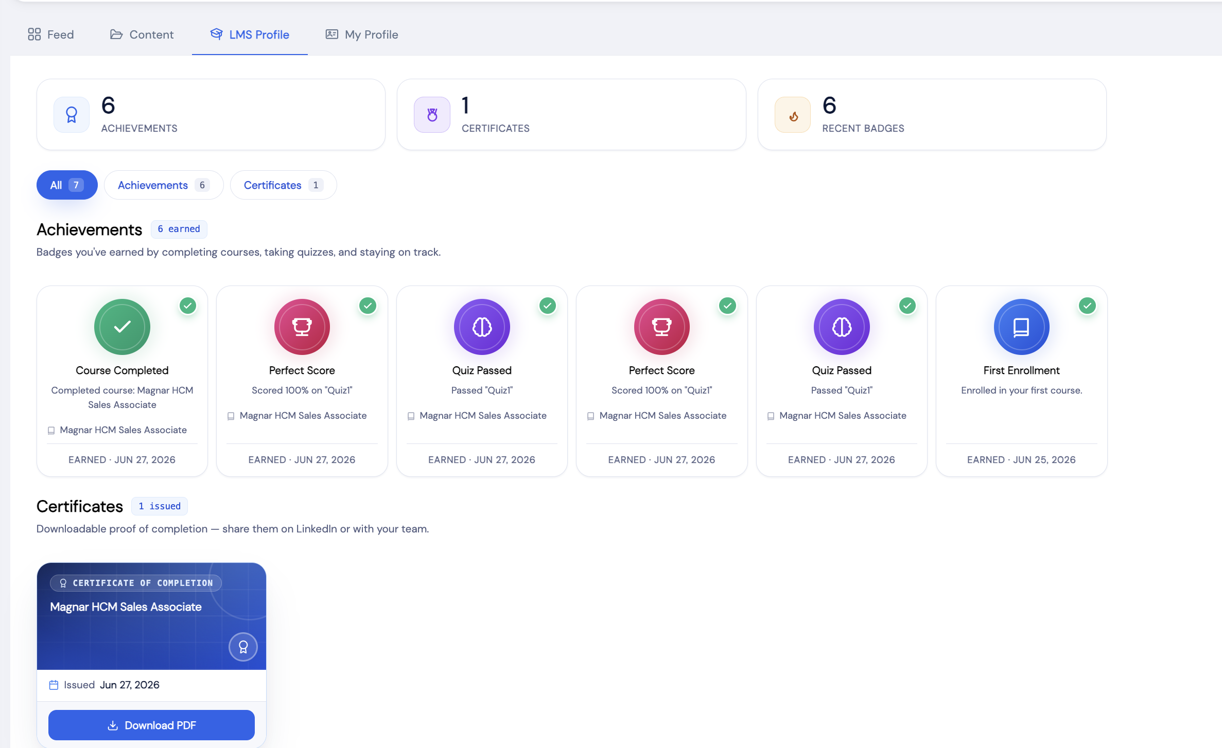 LMS Profile screen showing 6 Achievements, 1 Certificate, 6 Recent Badges, badge cards for Course Completed, Perfect Score, Quiz Passed, First Enrollment, and a downloadable Certificate of Completion