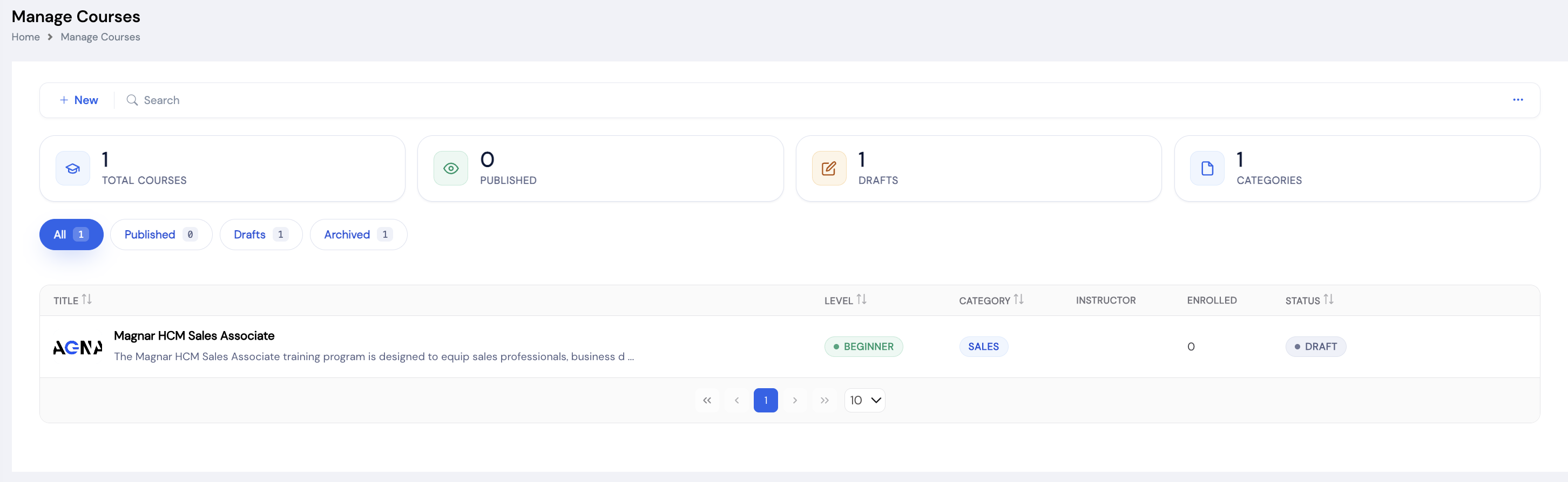 Manage Courses list with summary stats: 1 Total, 0 Published, 1 Draft, 1 Category