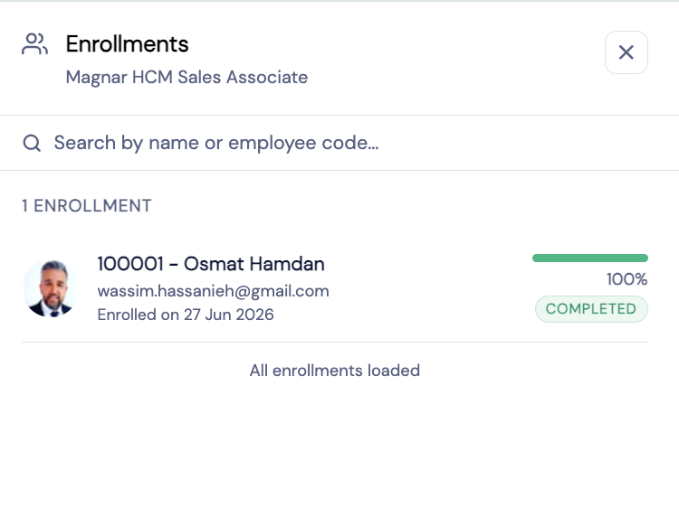 Enrollments panel for Magnar HCM Sales Associate showing 1 enrolled employee — Osmat Hamdan — with 100% completion and COMPLETED badge