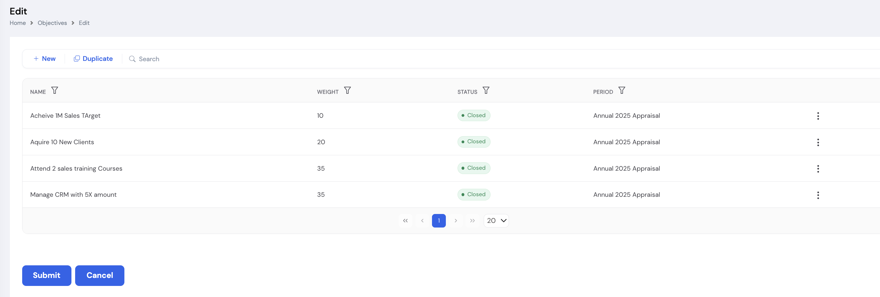 Objectives Edit screen showing a list of personal objectives with Name, Weight, Status, and Period columns, along with New, Duplicate, and Search actions