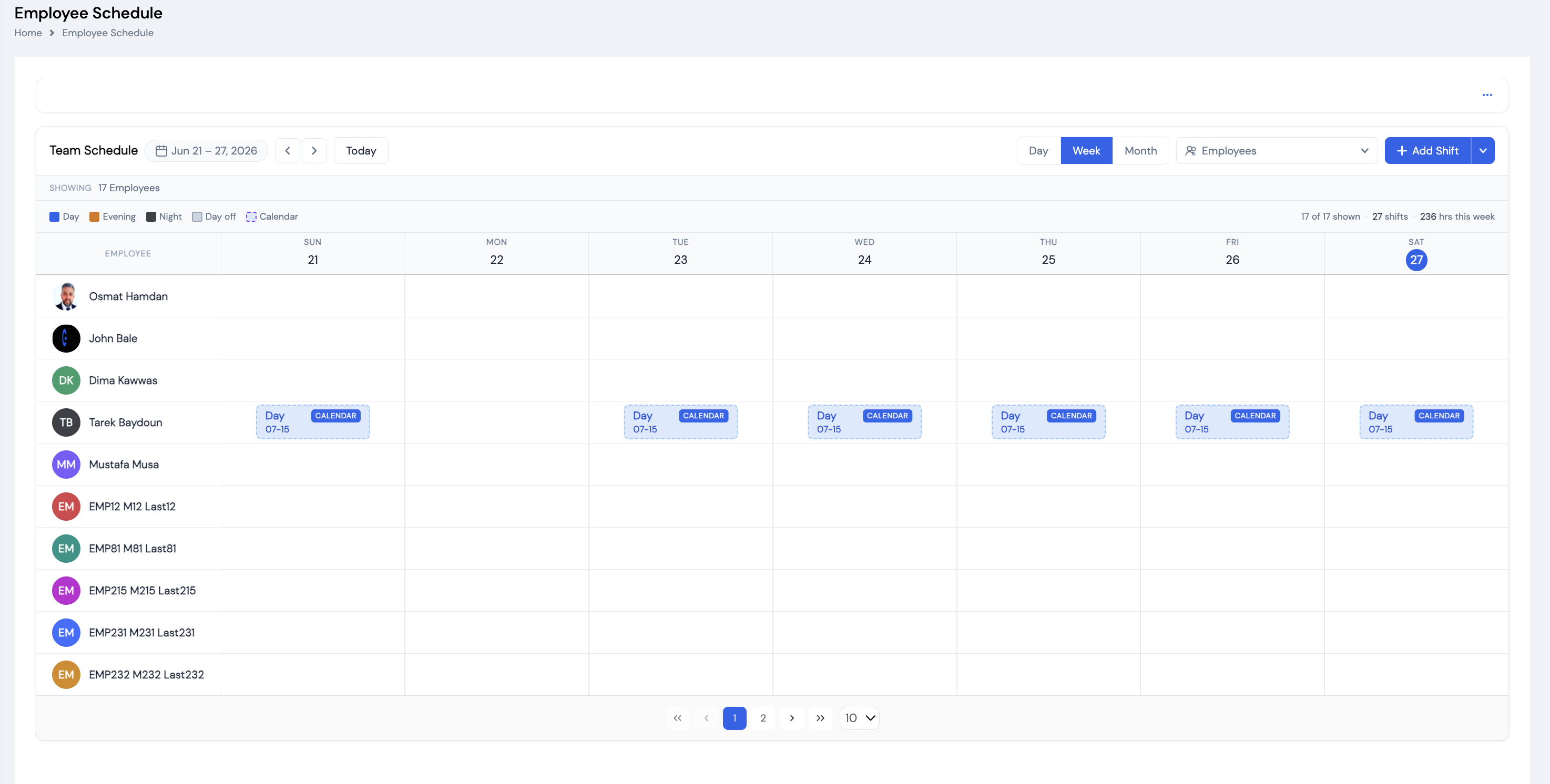 Employee Schedule screen showing a weekly team calendar for Jun 21–27 2026 with 17 employees listed and shift blocks colour-coded by Day, Evening, Night, and Day off