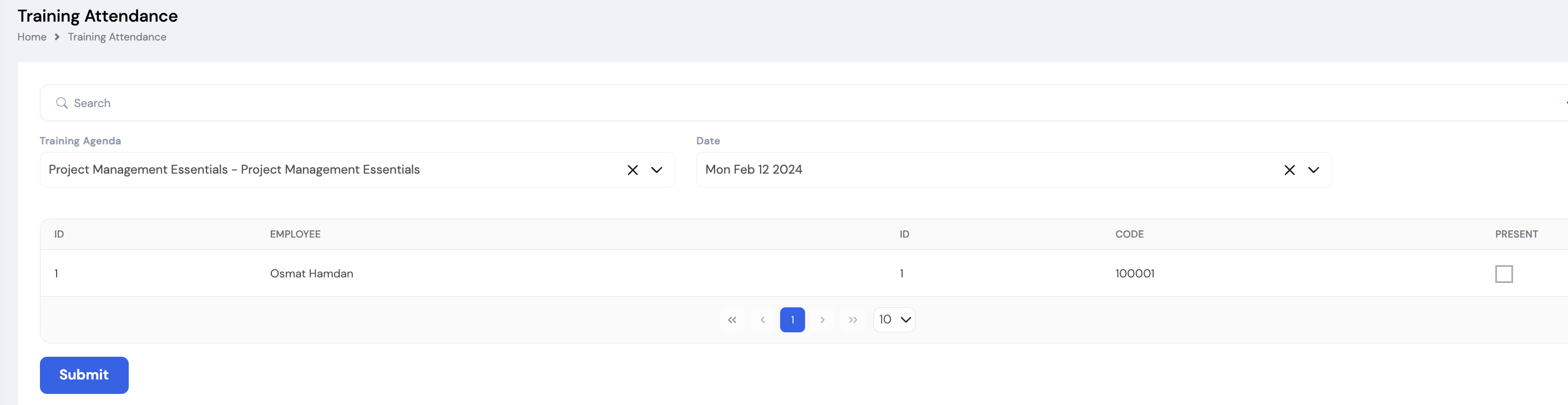 Training Attendance screen showing Training Agenda and Date filters with an employee list including ID, Employee name, Code, and a Present checkbox