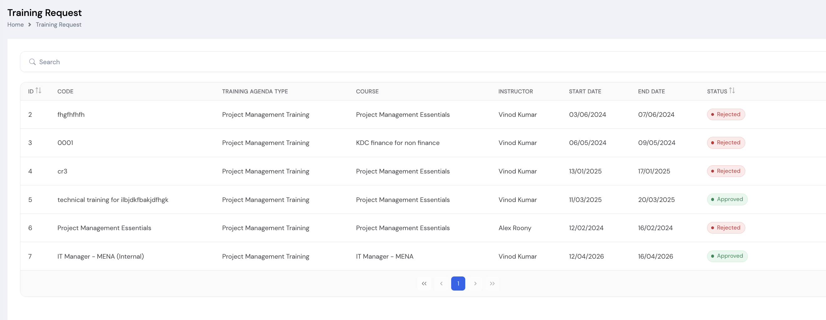 Training Request list screen showing columns for ID, Code, Training Agenda Type, Course, Instructor, Start Date, End Date, and Status with Approved and Rejected badges