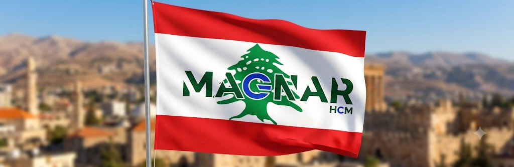 Lebanese flag waving on a pole, integrated with the Magnar Payroll logo, representing automated payroll processing and tax compliance solutions for Lebanese companies.